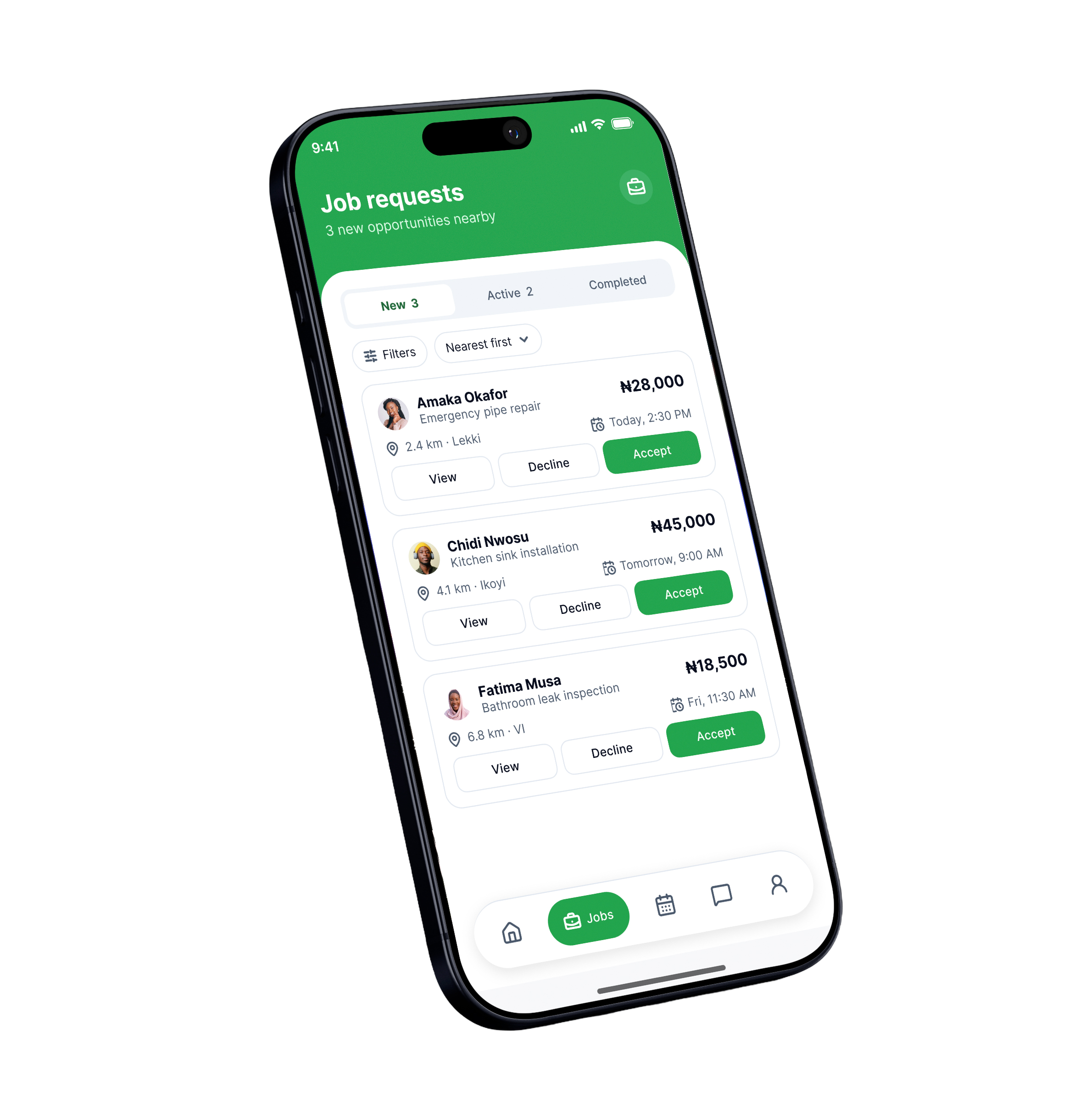Sample job requests in the iService app
